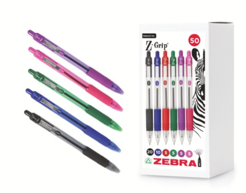 Zebra Ballpoint retractable assorted
pack of 50