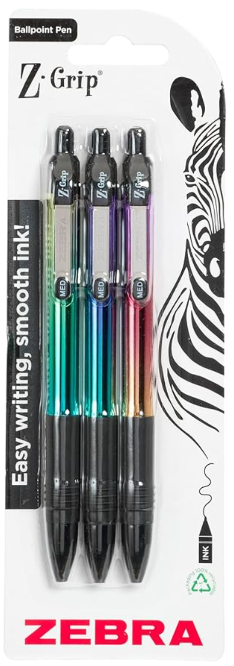 Zebra metallic barrel pack of 3