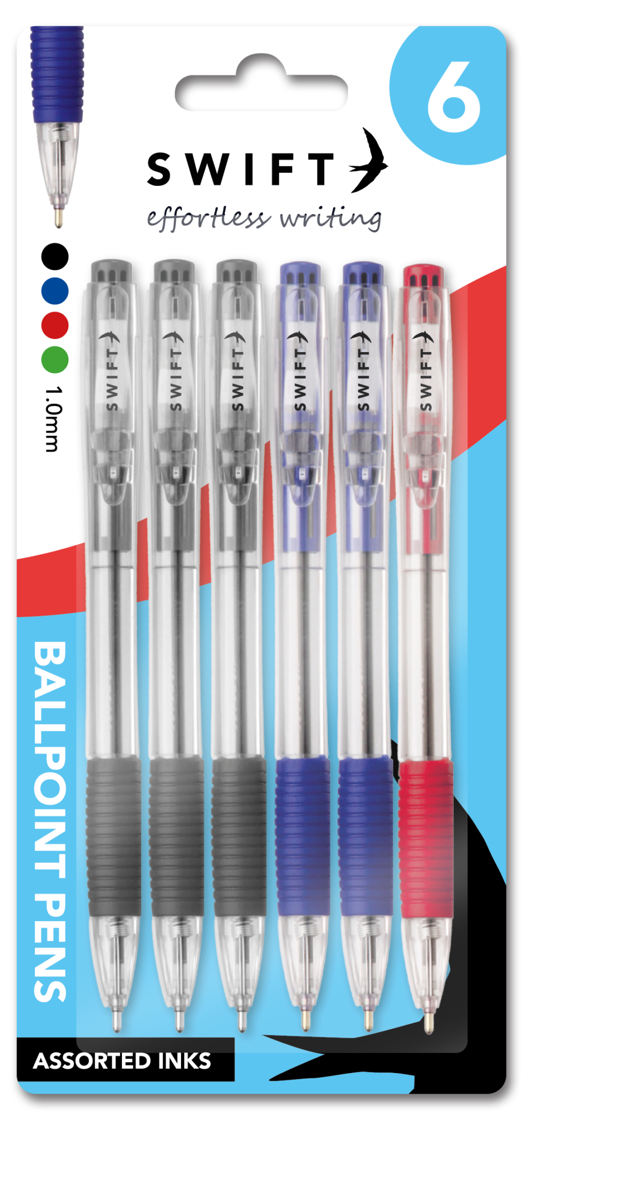 Retractable Ballpoint Pens Assorted pack of 6